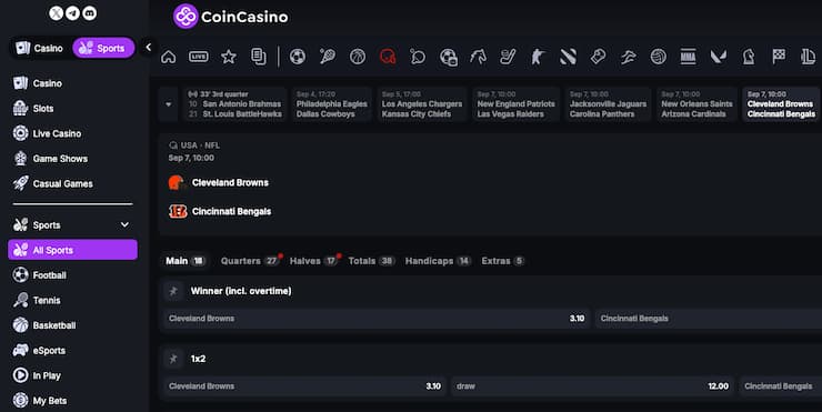 Odds display from CoinCasino, a major player among Ohio online sportsbooks.